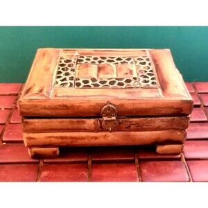 Vintage Bamboo & Wooden Jewelry Box With Brass Hardware Felt Lined